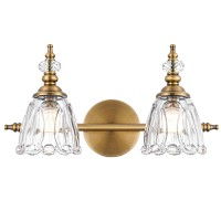 Ditoon Brass Vanity Light Farmhouse Brushed Gold Bathroom Light Fixtures 2 Light Bathroom Vanity Lights Flower Glass Shade Ba