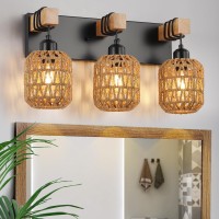 3 Light Bathroom Vanity Light Fixtures, Rustic Style Wood Bathroom Wall Sconce, With Boho Wicker Lampshade,Suitable For Bedroom, Hallway, And Living Room,Rattan Black Farmhouse Wall Sconce