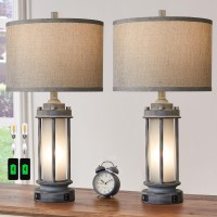 Aieampdo Set Of 2 Rustic Table Lamps For Living Room, Farmhouse Vintage Nightstand Lamp With 2 Usb Ports, Antique Retro Light Green Glass Night Light For Bedroom Entryway, 4 Bulbs Included