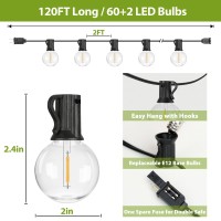 120Ft Outdoor String Lights Waterproof Outside Patio String Lights With 62 Shatterproof Dimmable G40 Led Globe Bulbs Connectab