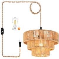 Qiyizm Plug In Pendant Light Boho Hanging Lights With Plug In Cord Rattan Hanging Lamp Dimmable Wicker Bamboo Woven Lamp Shade H