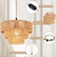 Qiyizm Plug In Pendant Light Boho Hanging Lights With Plug In Cord Rattan Hanging Lamp Dimmable Wicker Bamboo Woven Lamp Shade H