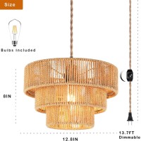 Qiyizm Plug In Pendant Light Boho Hanging Lights With Plug In Cord Rattan Hanging Lamp Dimmable Wicker Bamboo Woven Lamp Shade H