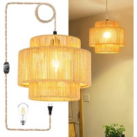 Qiyizm Plug In Pendant Light Hanging Lights With Plug In Cord Boho Hanging Lamp Dimmable Rattan Wicker Woven Bamboo Lamp Shade