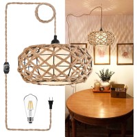 Qiyizm Plug In Pendant Light Hanging Lights With Plug In Cord Hanging Lamp Rattan Boho Dimmable,Wicker Bamboo Woven Lamp Shade, Plug In Ceiling Light Fixture For Living Room Bedroom