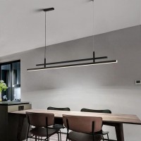 Vucica Simple Long Strip Chandeliers 40W Led Pendant Light, Linear Kitchen Island Hanging Lamp, Black Aluminum Suspension Lamps For Dining Room, Kitchen Island, Living Room (Color : Three-Color Light