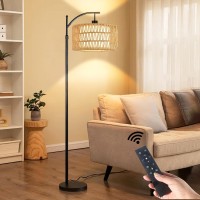 Qiyizm Floor Lamp For Living Room Bedroom With Remote Boho Rattan Arc Standing Lamp Dimmable Black Farmhouse Wicker Bamboo Lamp