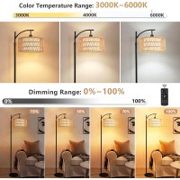 Qiyizm Floor Lamp For Living Room Bedroom With Remote Boho Rattan Arc Standing Lamp Dimmable Black Farmhouse Wicker Bamboo Lamp