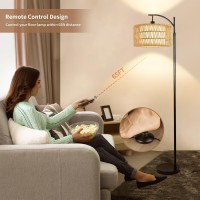 Qiyizm Floor Lamp For Living Room Bedroom With Remote Boho Rattan Arc Standing Lamp Dimmable Black Farmhouse Wicker Bamboo Lamp