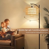 Qiyizm Floor Lamp For Living Room Bedroom With Remote Boho Rattan Arc Standing Lamp Dimmable Black Farmhouse Wicker Bamboo Lamp