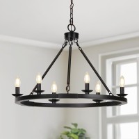 Black Farmhouse Chandelier, 6-Light Wagon Wheel Chandelier With Adjustable Height, Dining Room Light Fixture, Hanging Lights For Kitchen Island, Living Room, Bedroom, Entryway, E12 Base