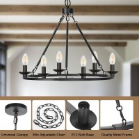 Black Farmhouse Chandelier, 6-Light Wagon Wheel Chandelier With Adjustable Height, Dining Room Light Fixture, Hanging Lights For Kitchen Island, Living Room, Bedroom, Entryway, E12 Base