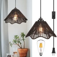 Tebio Plug In Pendant Light 3 Color Bulb Rattan Hanging Lights With Plug In Cord 15Ft Power Cord Hanging Lamps That Plug Into W