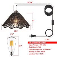 Tebio Plug In Pendant Light 3 Color Bulb Rattan Hanging Lights With Plug In Cord 15Ft Power Cord Hanging Lamps That Plug Into W