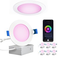 Rollin Light Smart Recessed Lighting 4 Inch 6 Pack Wifi Rgb Color Changing Canless Led Recessed Lights 10W 750Lm Dimmable Re