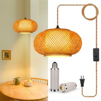 Yiizon Plug In Pendant Light Fixture With Hand Woven Bamboo Lamp Shade Hanging Lights With Plug In Cord Boho Wicker Rattan Hangi