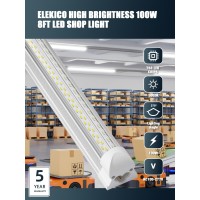 Elekico 6 Pack 100W 8Ft Led Shop Light Super Bright 15000Lm 5000K V Shape 8 Led Shop Lights Linkable 8 Foot Led Shop Lights F