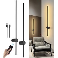 Led Wall Sconces Set Of Two Battery Operated, Usb Rechargeable Wall Lights Indoor, Dimmable Wall Lamp With Remote Control, 360 Rotation Wireless Lights For Living Room Bedroom Hallway, 39 Inch Black