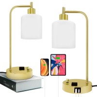 Gliti Industrial Table Lamp Stepless Dimmable Gold Desk Lamp With 2 Usb Ports And Ac Power Outlet Frosted Glassshade Eyecari