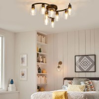 Eatich 9Light Semi Flush Mount Ceiling Light Matte Black Ceiling Light Fixture Farmhouse Dining Room Light Fixture With Clear