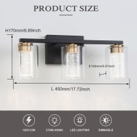 Emong 3Light Blackgold Bathroom Light Fixtures Dimmable 5Cct Led Vanity Lights With Clear Glass 2700K6500K Adjustable Crystal