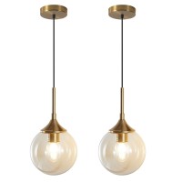 Kco Lighting Mid Century Modern Kitchen Island Pendant Lighting Gold 1-Light Amber Glass Globe Pendant Light Brushed Brass Large Living Room Pendant Light Fixture (2-Pack)