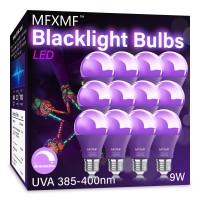 Mfxmf 12 Pack A19 Led Black Light Bulbs,9W (100W Equivalent) E26 Base Black Lights, Uva Level 385-400Nm, Glow In The Dark For Halloween,Blacklight Bulb Party,Fluorescent Poster, Body Paint,Neon Glow