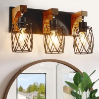 Punsoko Farmhouse Bathroom Light Fixtures Wood Bathroom Light Over Mirror With Cage Metal Lampshade 3 Light Bathroom Vanity Li