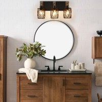 Punsoko Farmhouse Bathroom Light Fixtures Wood Bathroom Light Over Mirror With Cage Metal Lampshade 3 Light Bathroom Vanity Li