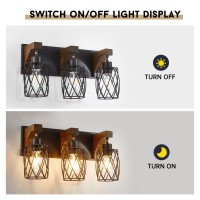 Punsoko Farmhouse Bathroom Light Fixtures Wood Bathroom Light Over Mirror With Cage Metal Lampshade 3 Light Bathroom Vanity Li