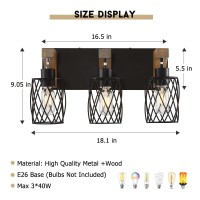 Punsoko Farmhouse Bathroom Light Fixtures Wood Bathroom Light Over Mirror With Cage Metal Lampshade 3 Light Bathroom Vanity Li