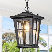 Hopejoy Outdoor Pendant Light, Waterproof Aluminum Black Exterior Hanging Lantern With Seeded Glass, Outside Chandelier Modern Exterior Hanging Light Fixtures For Porch Foyer Entryway, 609-1H-Sbk