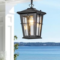 Hopejoy Outdoor Pendant Light, Waterproof Aluminum Black Exterior Hanging Lantern With Seeded Glass, Outside Chandelier Modern Exterior Hanging Light Fixtures For Porch Foyer Entryway, 609-1H-Sbk