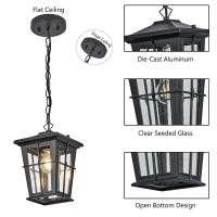 Hopejoy Outdoor Pendant Light, Waterproof Aluminum Black Exterior Hanging Lantern With Seeded Glass, Outside Chandelier Modern Exterior Hanging Light Fixtures For Porch Foyer Entryway, 609-1H-Sbk