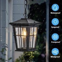 Hopejoy Outdoor Pendant Light, Waterproof Aluminum Black Exterior Hanging Lantern With Seeded Glass, Outside Chandelier Modern Exterior Hanging Light Fixtures For Porch Foyer Entryway, 609-1H-Sbk