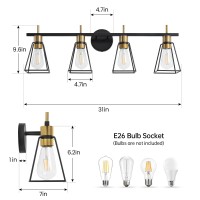 Hahzt Industrial Bathroom Vanity Lights 4 Light Black And Gold Vintage Metal Cage Wall Sconce Rustic Farmhouse Wall Light Fix