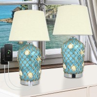 Sandywaves - Coastal Table Lamp Set Of 2 - Nautical Beach Bedroom Decor With 2 Usb Ports - Sea Theme Blue Glass Lamps For Living Room With White Shade - Ocean Themed Furniture For Bedrooms Bedside