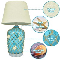 Sandywaves - Coastal Table Lamp Set Of 2 - Nautical Beach Bedroom Decor With 2 Usb Ports - Sea Theme Blue Glass Lamps For Living Room With White Shade - Ocean Themed Furniture For Bedrooms Bedside