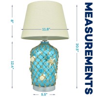 Sandywaves - Coastal Table Lamp Set Of 2 - Nautical Beach Bedroom Decor With 2 Usb Ports - Sea Theme Blue Glass Lamps For Living Room With White Shade - Ocean Themed Furniture For Bedrooms Bedside