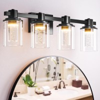 Quntis Bathroom Lighting Fixtures Over Mirror 4 Light Led Vanity Light Matte Black Modern Wall Sconce With Crystal Bubble Glass