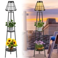 Solgicar 45.4'' Metal Outdoor Solar Floor Lamps With 2 Plant Stand, Solar Lights Plant Stand, Waterproof Solar Lantern Lights For Patio Deck Yard Garden Porch- Black