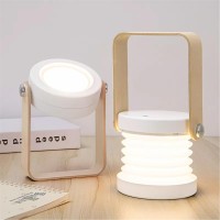 Foldably Usb Charge Table Lamp - Dimmable Led Light With Wooden Handle - Portable Lantern With 3-Level Brightness - Multifunctional Night Light For Bedroom, Living Room, Outdoor, Camping (White)