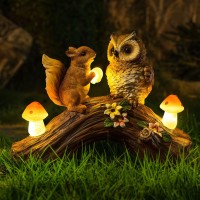 Wondhome Owl Garden Statues Outdoor Decor Resin Owl Squirrel Figurine With Solar Mushroom Lights For Patio Lawn Yard Decorations