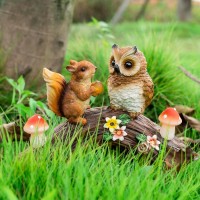 Wondhome Owl Garden Statues Outdoor Decor Resin Owl Squirrel Figurine With Solar Mushroom Lights For Patio Lawn Yard Decorations