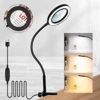 Kmdes 10X Magnifying Glass With Light And Clamp Flexible Gooseneck Lighted Magnifying Lamp With Stand 3 Color Modes Stepless