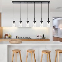 Bonlicht 6 Light Farmhouse Chandeliers Black Modern Dining Room Lighting Fixtures Hanging Ceiling,Industrial Vintage Linear Pendant Lights For Kitchen Island Over Table With Hammered Glass Shade