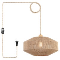 Coastal Large Woven Plug In Pendant Light With 14Ft Handmade Woven Light Cord Dimmable Switch Natural Hemp Rope Hanging Lamp F