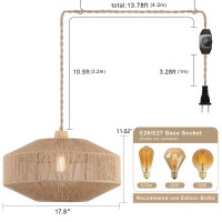 Coastal Large Woven Plug In Pendant Light With 14Ft Handmade Woven Light Cord Dimmable Switch Natural Hemp Rope Hanging Lamp F