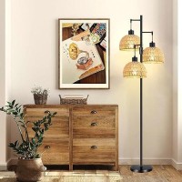 Qiyizm Dimmable Floor Lamp For Living Room Bedroom Boho Rattan Tree 3 Lights Floor Lights Industrial Black Farmhouse Standing La