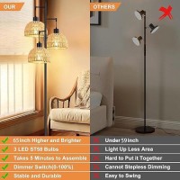 Qiyizm Dimmable Floor Lamp For Living Room Bedroom Boho Rattan Tree 3 Lights Floor Lights Industrial Black Farmhouse Standing La